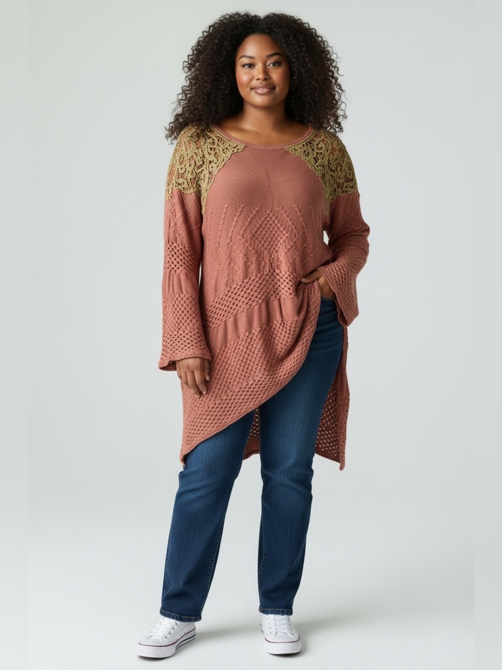 easel Dusty Rose Knit Tunic with Olive Crochet Yoke